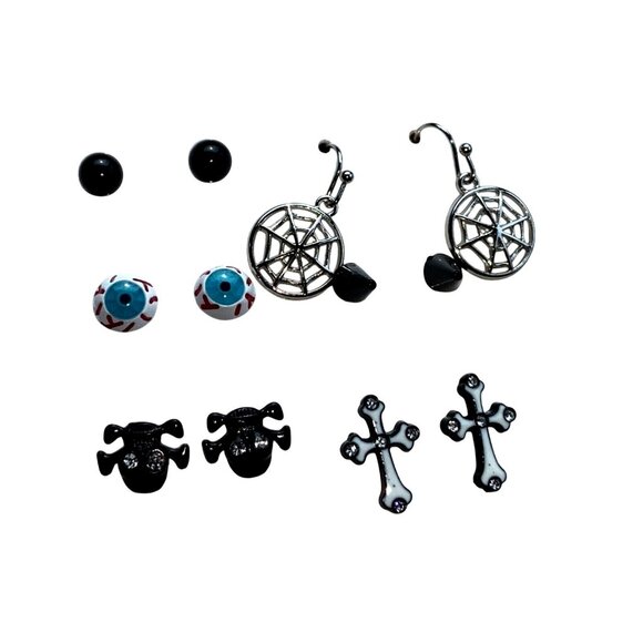 Halloween Stud Earrings Cross Spider Eyes Spider web 6 Pairs - Picture 2 of 8